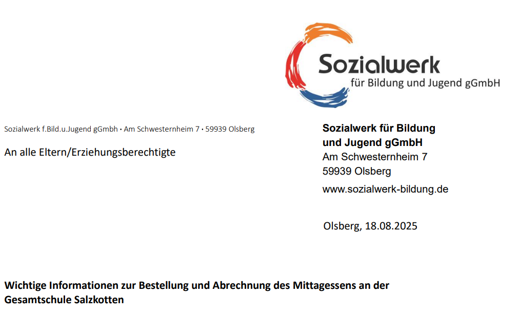 Mensa-Betreiber: Wichtige Informationen zur Bestellung und Abrechnung des Mittagessens an der Gesamtschule Salzkotten