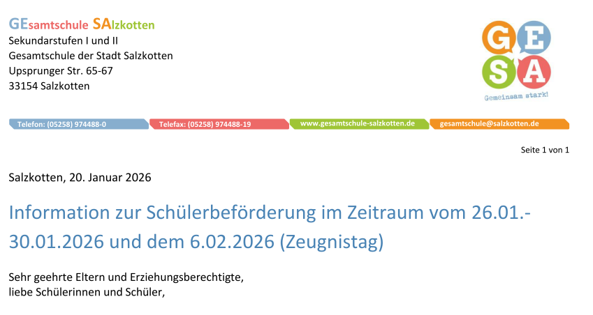 Information zur Schülerbeförderung (26.01.-30.01.2026 & 06.02.2026)